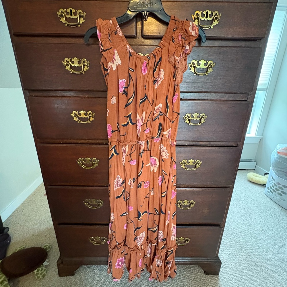 Universal Thread Floral Tiered Midi Sundress in Rust/pink